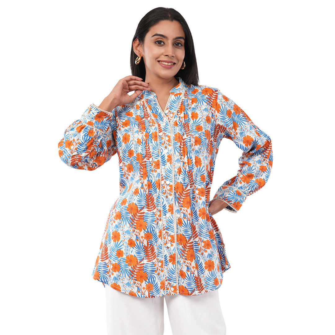 Buy Floral Pintuck Collar Kurti for Women | Stylish Floral Printed Cotton Kurta | Aradhya by Nirmal