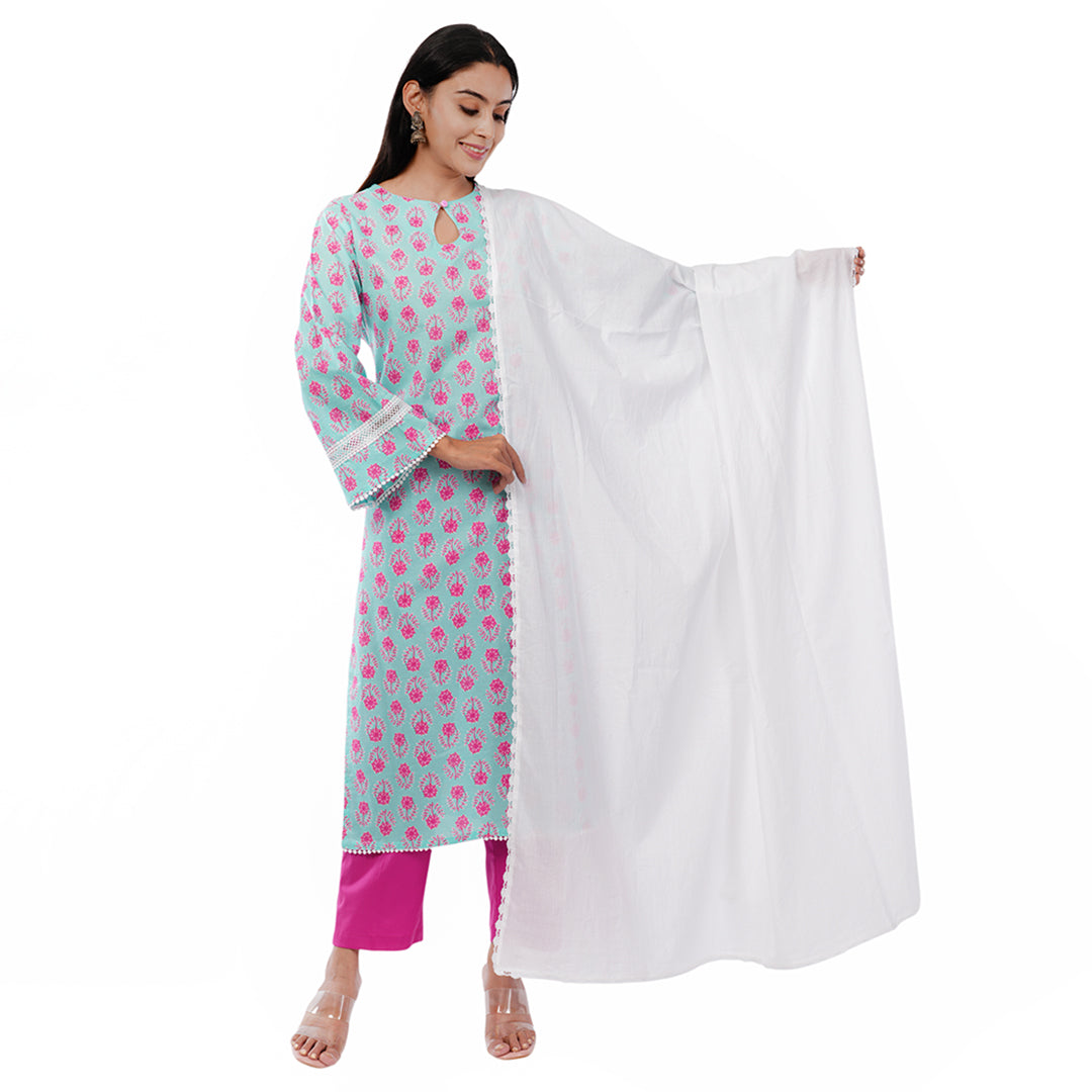 Buy Pure Mal Cotton 3-Piece Kurta Set for Women | Kurta, Bottom & Dupatta Set | Aradhya by Nirmal