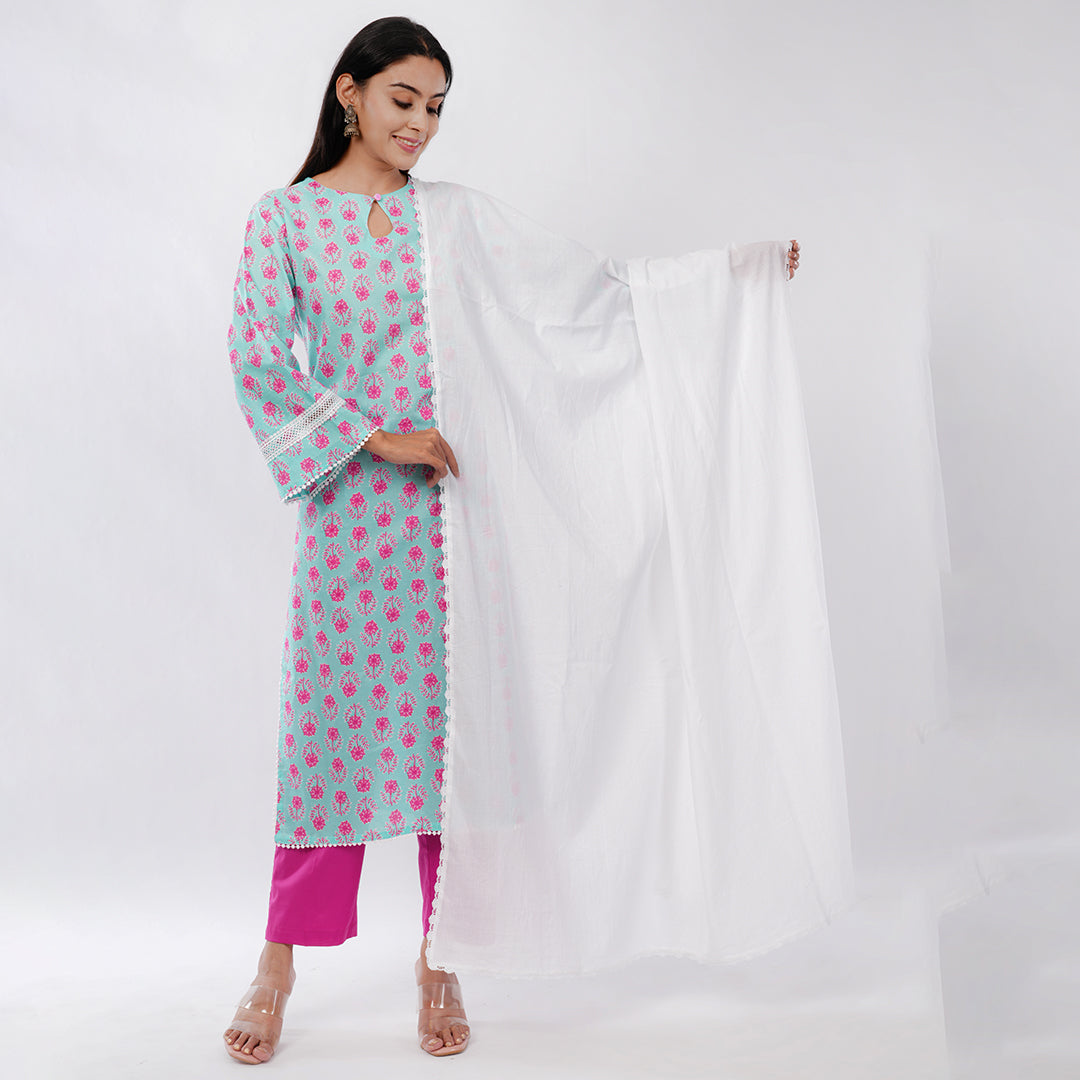 Buy Pure Mal Cotton 3-Piece Kurta Set for Women | Kurta, Bottom & Dupatta Set | Aradhya by Nirmal