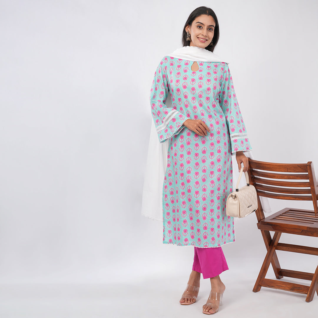 Buy Pure Mal Cotton 3-Piece Kurta Set for Women | Kurta, Bottom & Dupatta Set | Aradhya by Nirmal
