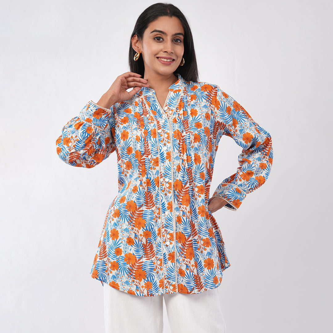 Buy Floral Pintuck Collar Kurti for Women | Stylish Floral Printed Cotton Kurta | Aradhya by Nirmal