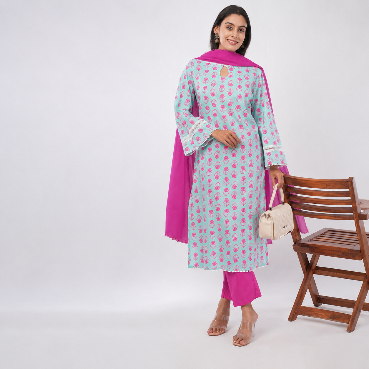 Buy Pure Chiffon Dupatta|3-Piece Kurta Set for Women | Kurta, Bottom & Dupatta Set | Aradhya by Nirmal